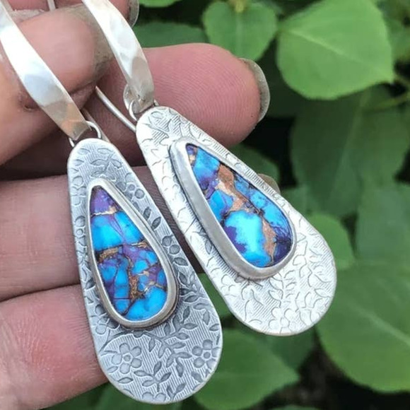 Boho Dangle Drop Earrings Metal Carved Pattern 925 Silver Plated - Picture 9 of 9